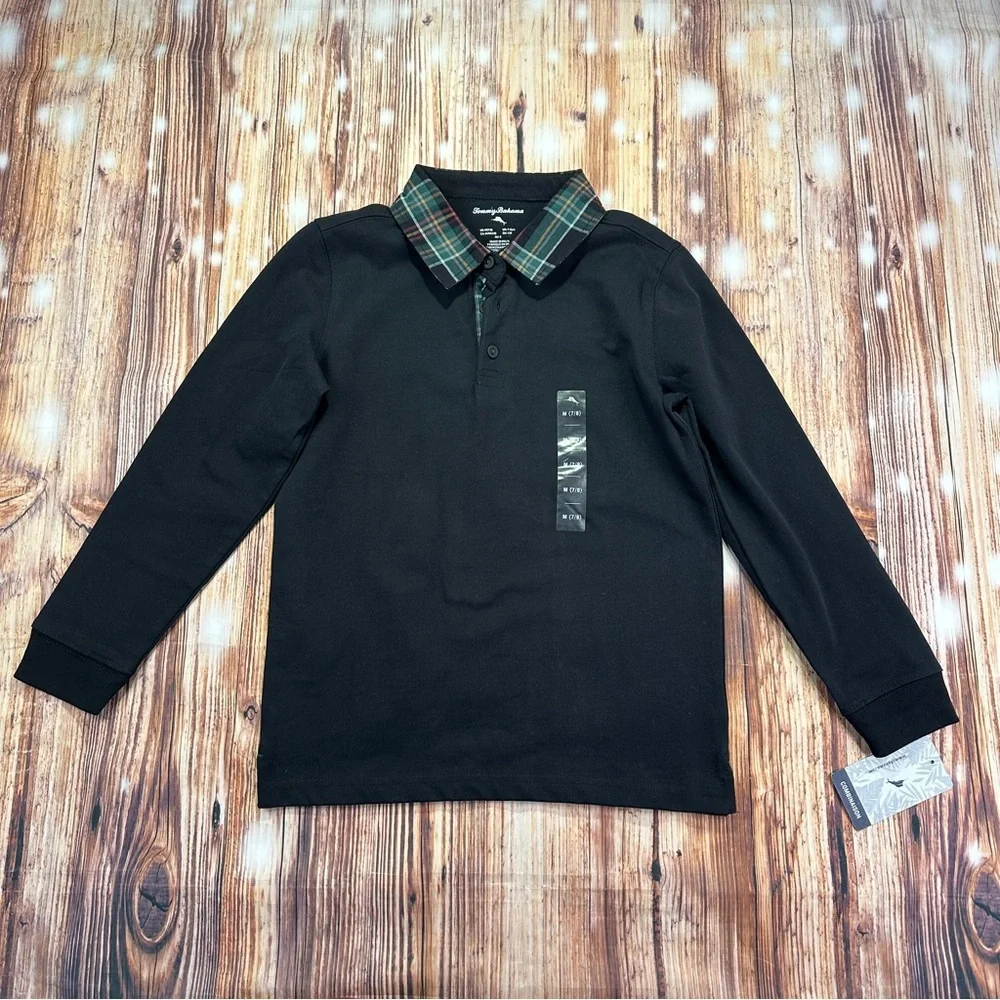 NWT Tommy Bahama Kids Plaid Collared Black Long-Sleeve Shirt - Medium 7/8